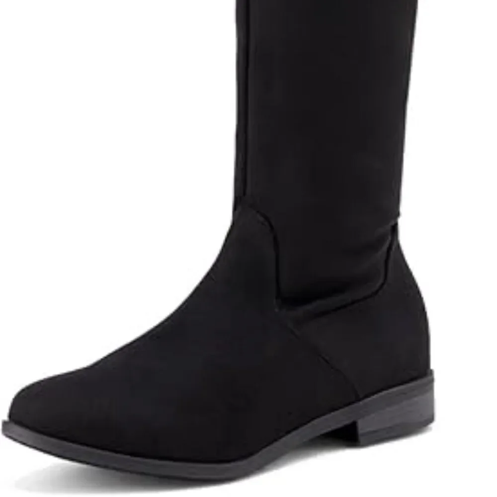 Y2K Thigh High Suede Riding Boots Lace Up Pull-On Black 1.5-inch heel
